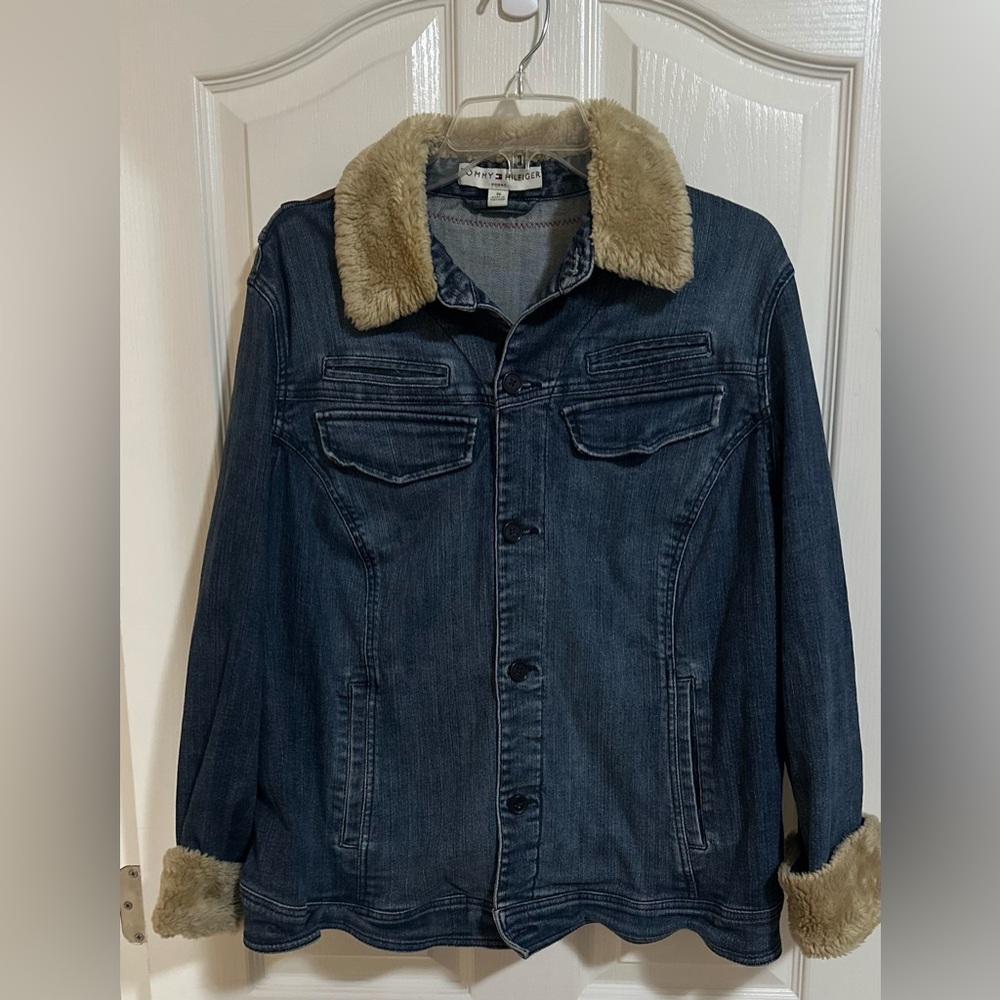 Women’s Plus Tommy Hilfiger Faux Fur Denim Jacket Embroidered Floral Y2K Sz 1X.